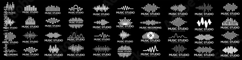 Sound wave icons set. Music waves symbols. Audio logos template. Voice equalizer emblems idea.