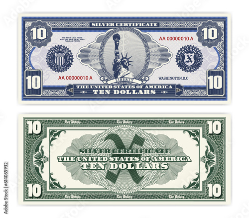 Vector blue banknote obverse and green reverse silver certificate of 10 US dollars. Oval, liberty and guilloche frame. American paper fictional money.