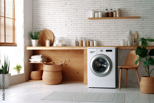 Laundry room interior with modern washing machine and stylish vessel sink on wooden