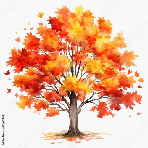 Whispering Leaves of Fall  Maple Tree Watercolor Isolated on White Background - Generative AI