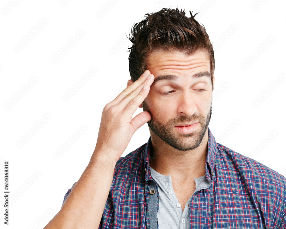 Isolated young man, headache and thinking with pain, stress and worry by transparent png background. Guy, tired and fatigue with burnout, ideas and migraine with health problem, risk and solution Isolated young man, headache and thinking with pain, stress and worry by transparent png background. Guy, tired and fatigue with burnout, ideas and migraine with health problem, risk and solution