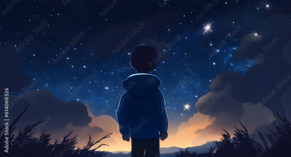 illustration of a boy looking at night starry sky. Night sky background