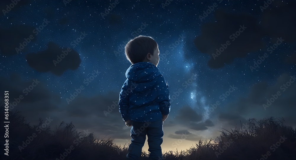 illustration of a boy looking at night starry sky. Night sky background