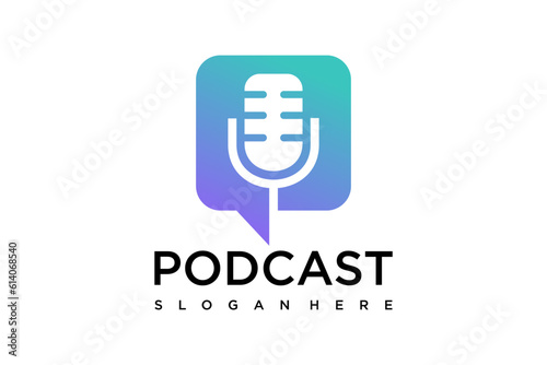Podcast with microphone logo inspiration. design template, vector illustration.