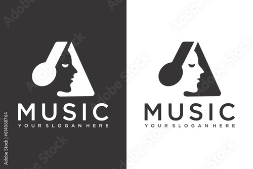 simple women Music logo design vector illustration.combination women and headphone