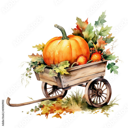 Abundance of Autumn: Wheelbarrow with Pumpkin Watercolor Isolated on White Background - Generative AI