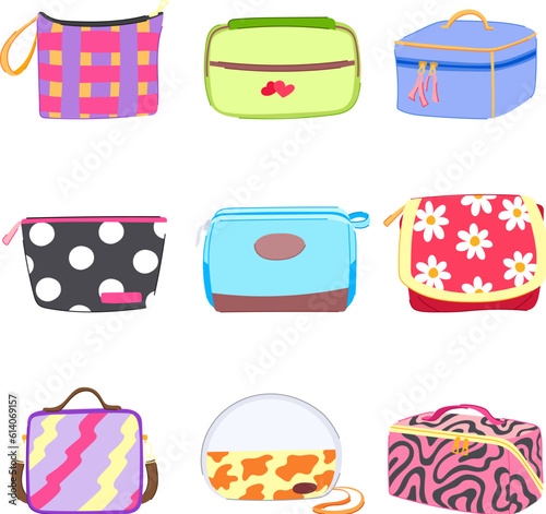 cosmetic pouch set cartoon. bag makeup, beauty case, travel zipper, mockup toiletry cosmetic pouch sign. isolated symbol vector illustration
