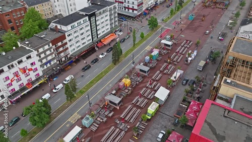 Drone shot of Reeperbahn (die sündigste Meile and Kiez).The Reeperbahn is a street and entertainment district in Hamburg's St. Pauli district, one of the two centres of Hamburg's nightlife . photo