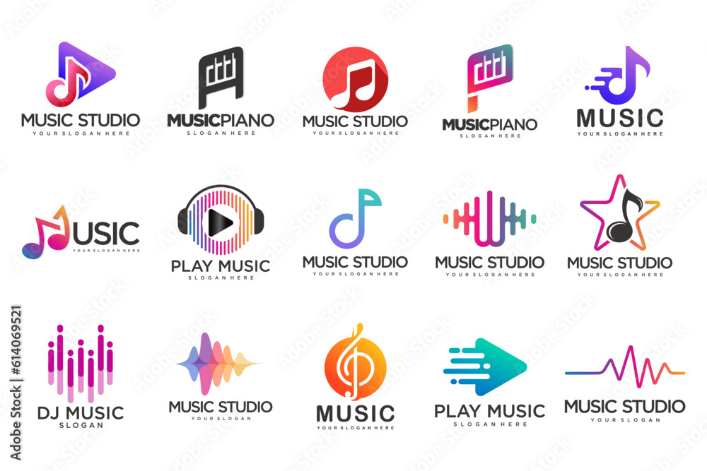 Music icons set.vector logos with musical notes and audio wave .music festival.Vector Illustration.