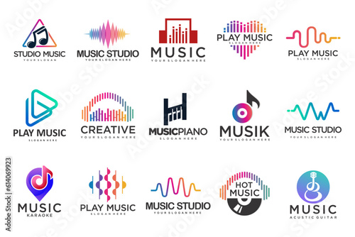 Music icons set.vector logos with musical notes and audio wave .music festival.Vector Illustration.