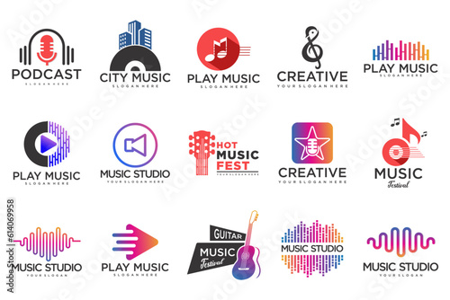 Music icons set.vector logos with musical notes and audio wave .music festival.Vector Illustration.