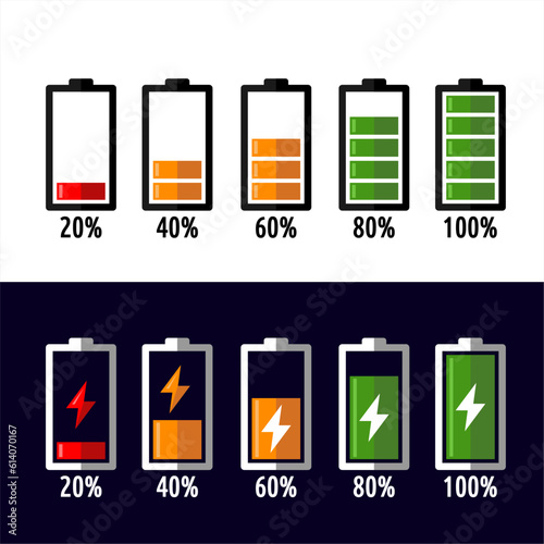 Vector sets of battery charge level indicators and battery charging level mode