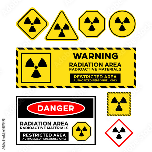 Vector sets of radioactive materials signs illustration, warning stickers, danger stickers, and variations of yellow signs such as triangles, squares, octagons, and circle
