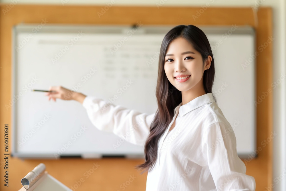 Confident female Asian teacher pointing towards a whiteboard, asian teacher, school, natural light, affinity, bright background Generative AI Confident female Asian teacher pointing towards a whiteboard, asian teacher, school, natural light, affinity, bright background Generative AI