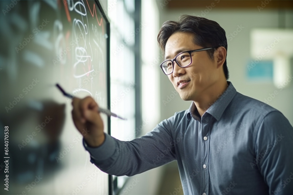 Close-up of an Asian teacher wearing glasses and writing on a whiteboard, asian teacher, school, natural light, affinity, bright background Generative AI Close-up of an Asian teacher wearing glasses and writing on a whiteboard, asian teacher, school, natural light, affinity, bright background Generative AI