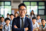 Portrait of an Asian teacher with students in the background, asian teacher, school, natural light, affinity, bright background Generative AI