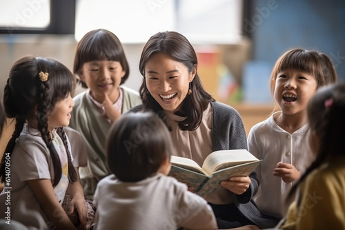 Portrait of an Asian teacher reading a storybook to a group of students, asian teacher, school, natural light, affinity, bright background Generative AI