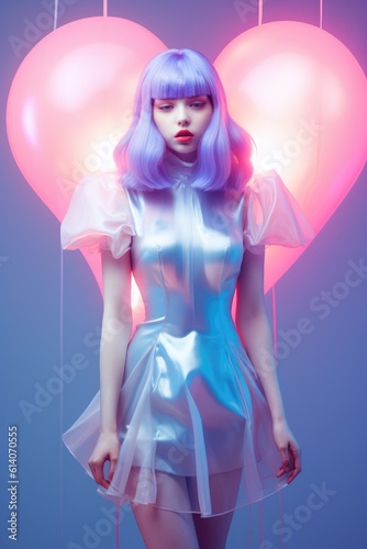 A woman with pink blue blonde hair wearing a dress and balloons. Futuristic setup, transparent plastic dress, shiny makeup, hologram iridescent glowing face lips and eyes. Valentine hearts love.