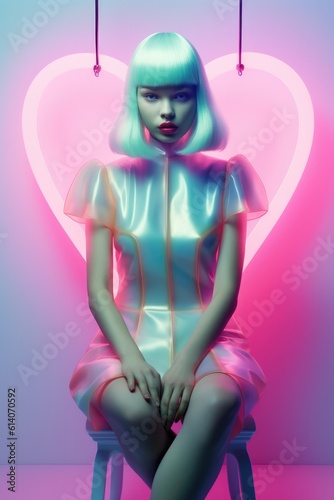 A woman with pink blue blonde hair wearing a dress and balloons. Futuristic setup, transparent plastic dress, shiny makeup, hologram iridescent glowing face lips and eyes. Valentine hearts love.