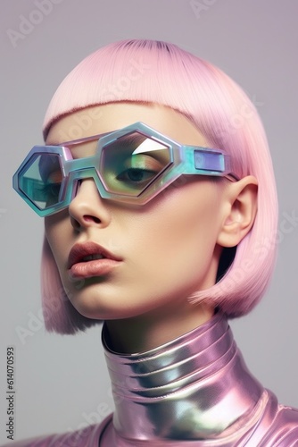 Futuristic woman, transparent metallic dress, shiny makeup, hologram iridescent glowing face lips and eyes. Glasses from the future.