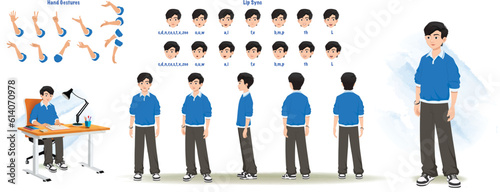 A School boy character model sheet. Student creation set. Male turnaround sheet