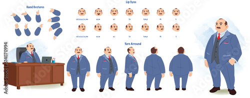 A fat business man modelsheet. Overweight businessman turn around sheet, hand gestures, lip sync