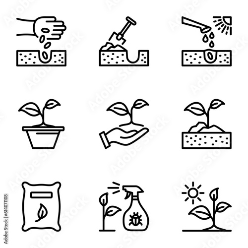 growing plant line icons set. eco, outline, drop, tool, growth, growing, ecology, soil, temperature, root, spade, gardening, pot, seedling, farming, pesticide