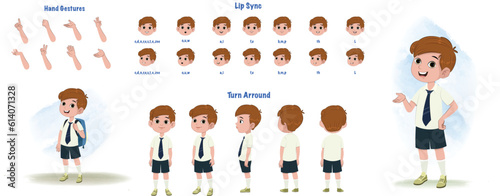 A School boy character model sheet. Student creation set. Male turnaround sheet photo