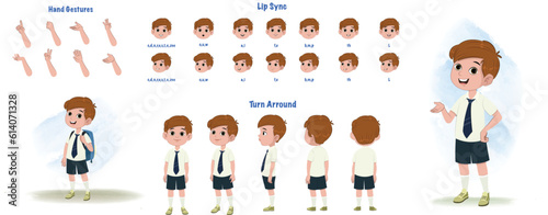 A School boy character model sheet. Student creation set. Male turnaround sheet
