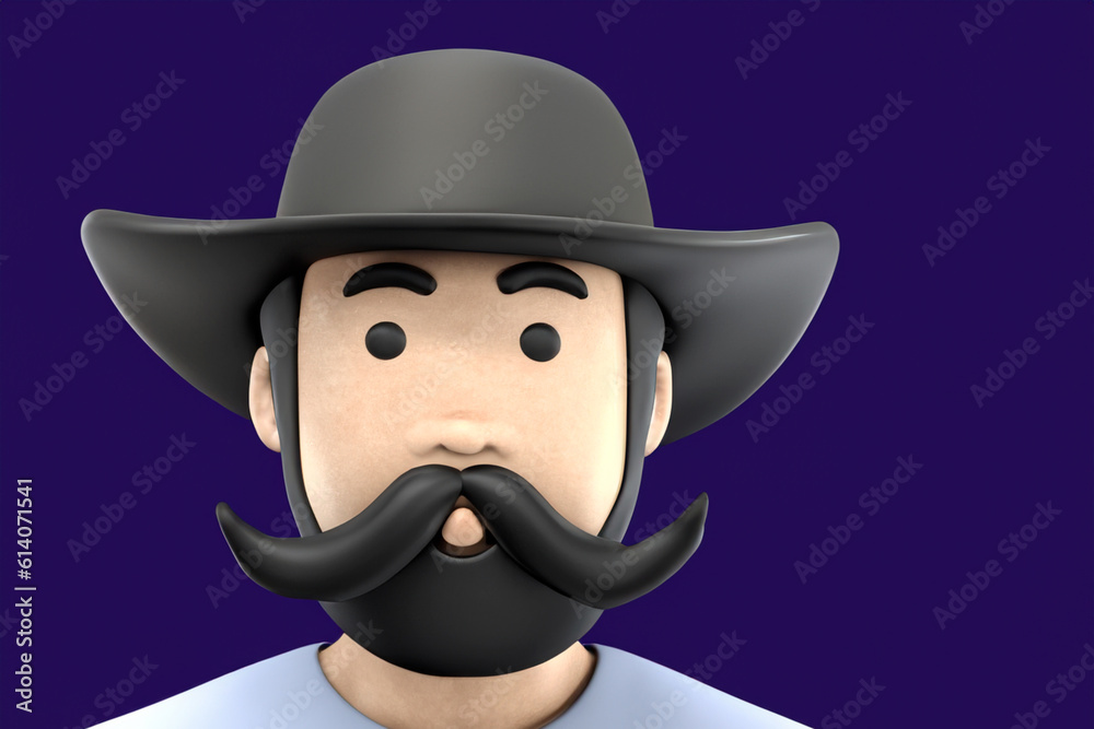 3D face of a man with a mustache and a hat.