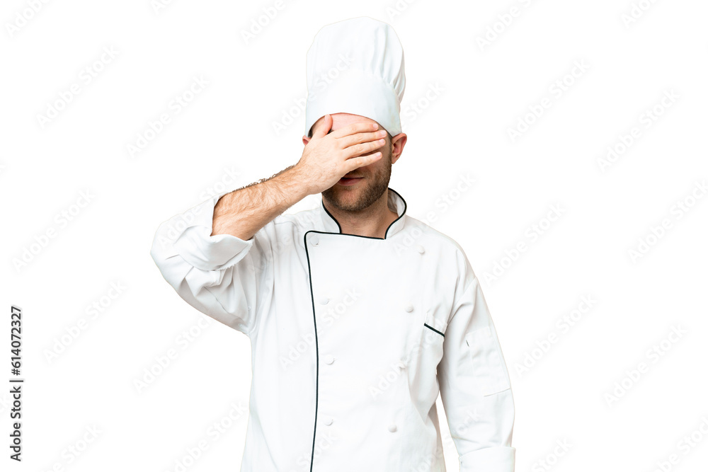 Young blonde man Chef over isolated chroma key background covering eyes by hands. Do not want to see something Young blonde man Chef over isolated chroma key background covering eyes by hands. Do not want to see something