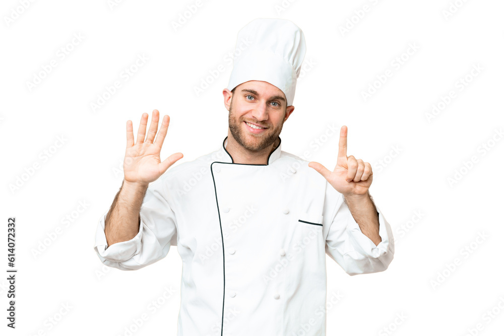Young blonde man Chef over isolated chroma key background counting seven with fingers Young blonde man Chef over isolated chroma key background counting seven with fingers