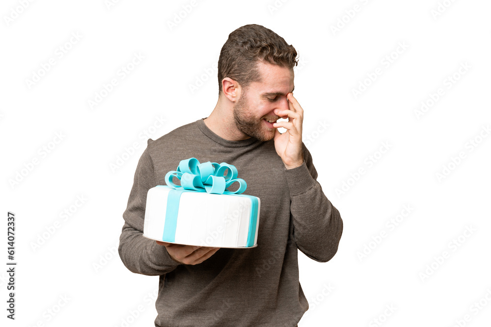 Young handsome blonde man holding birthday cake over isolated chroma key background laughing Young handsome blonde man holding birthday cake over isolated chroma key background laughing