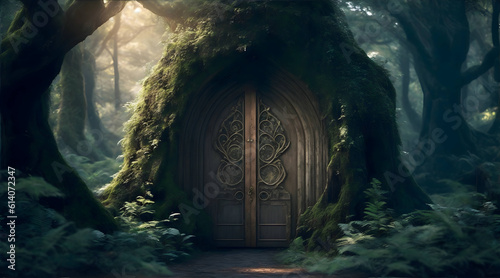 a mysterious door hidden within a dense forest