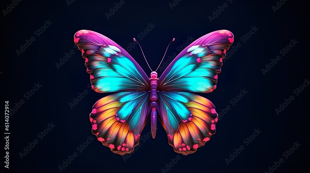 Abstract background with colorful butterfly with bright patterns on wings. Beautiful wallpaper with tropical insect silhouette in close up. Horizontal illustration for banner design. Generative AI. Abstract background with colorful butterfly with bright patterns on wings. Beautiful wallpaper with tropical insect silhouette in close up. Horizontal illustration for banner design. Generative AI.