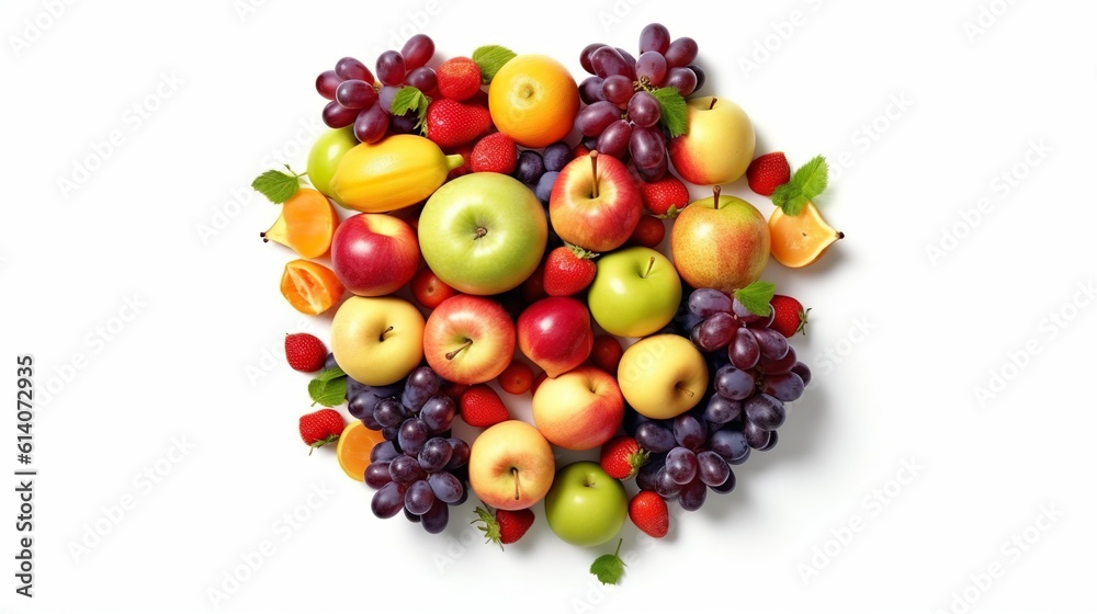 Abstract background with fresh fruits composition in top view isolated on white backdrop. Wallpaper with apples, grapes, strawberry and other. Horizontal illustration for banner design. Generative AI. Abstract background with fresh fruits composition in top view isolated on white backdrop. Wallpaper with apples, grapes, strawberry and other. Horizontal illustration for banner design. Generative AI.