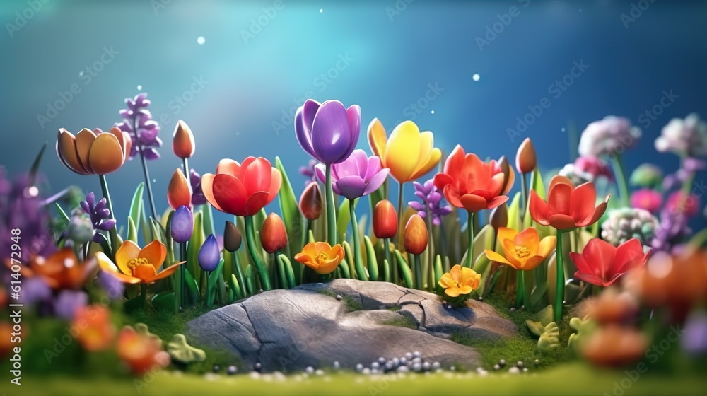 Abstract background with colorful meadow with flowers by stone in close