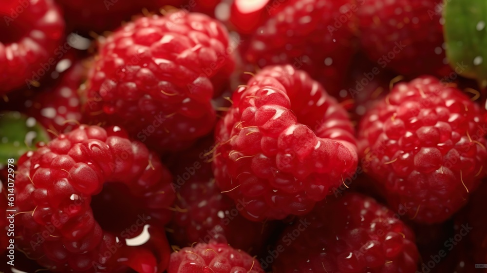 Abstract background with delicious raspberry in close view. Fresh seasonal berries in water drops. Natural organic ingredients wallpaper. Horizontal illustration for banner design. Generative AI. Abstract background with delicious raspberry in close view. Fresh seasonal berries in water drops. Natural organic ingredients wallpaper. Horizontal illustration for banner design. Generative AI.
