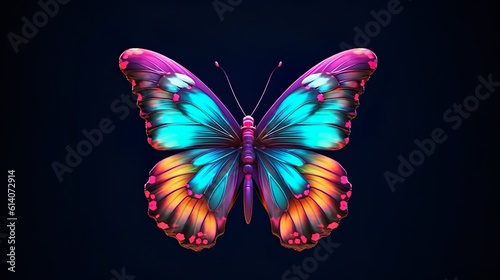 Abstract background with colorful butterfly with bright patterns on wings. Beautiful wallpaper with tropical insect silhouette in close up. Horizontal illustration for banner design. Generative AI.