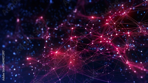 Abstract background with pink shining of network structure with dots and lines in close up view. Connected neural web, futuristic wallpaper. Horizontal illustration for banner design. Generative AI.