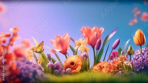 Abstract background with spring meadow with tulips and different flowers, flying hummingbird and grass. Botanical wallpaper in close up view. Horizontal illustration for banner design. Generative AI.