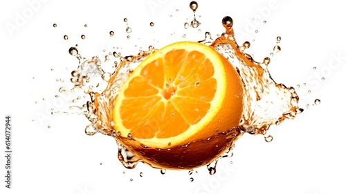 Abstract background with fresh orange in splashing water with flying drops isolated on white backdrop. Summer fruit in liquid close up view. Horizontal illustration for banner design. Generative AI.