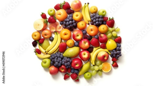 Abstract background with bananas, apples, grapes and other in top view isolated on white backdrop. Wallpaper with fresh fruits composition. Horizontal illustration for banner design. Generative AI.