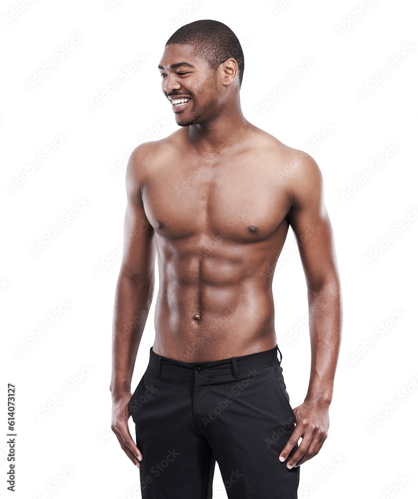 Black man, fitness smile and portrait with workout, motivation and happy for exercise. African male person, body training and strong muscle isolated on a transparent, png background with abs