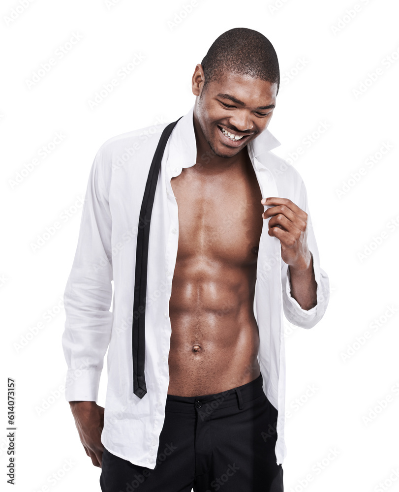 Black man, getting ready and laughing with shirt isolated on transparent, png background. African male person, funny joke and happy smile with confidence and fancy fashion with toned stomach and abs Black man, getting ready and laughing with shirt isolated on transparent, png background. African male person, funny joke and happy smile with confidence and fancy fashion with toned stomach and abs