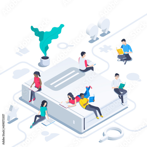 isometric vector image on a white background, people read books sitting on a big book and icons, reading in the library or learning