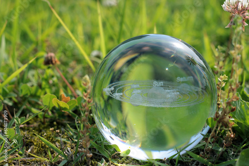 Nature photography of crystal ball with solar system in it, space, future environment and ESG concept