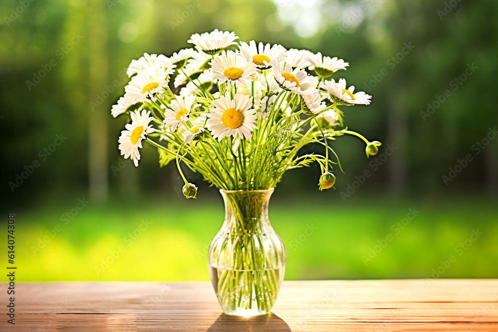 Bouquet of daisies in a glass vase on a wooden table on a blurred background. AI generated Bouquet of daisies in a glass vase on a wooden table on a blurred background. AI generated