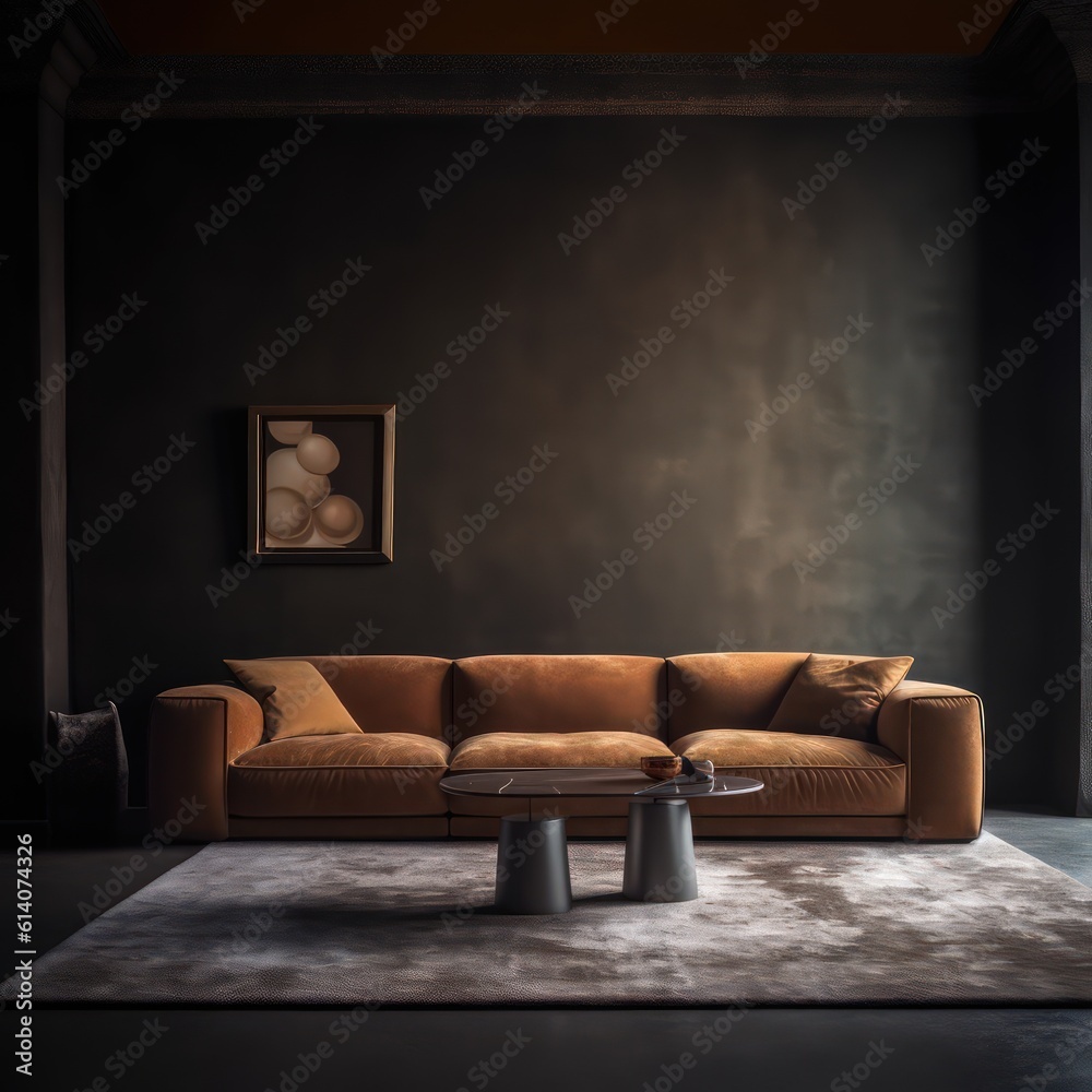 a comfortable sofa on ciment floor against a background of a dark classic wall, high-definition photography a comfortable sofa on ciment floor against a background of a dark classic wall, high-definition photography