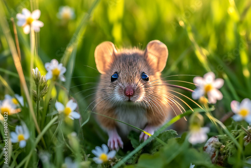The mouse sits in the grass with daisies in the meadow. Selective focus. AI generated.